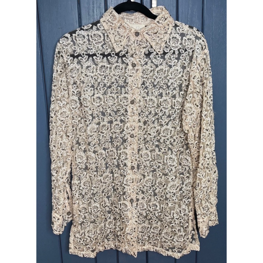 Vintage Cache Cellulose Rayon Cream Beaded Floral Button Up Top Shacket Sz Large